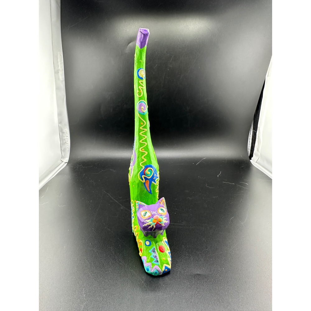 Unsigned Cat Figurine Mexican Folk Art 10" Psychedelic Long Neck Tail Green READ